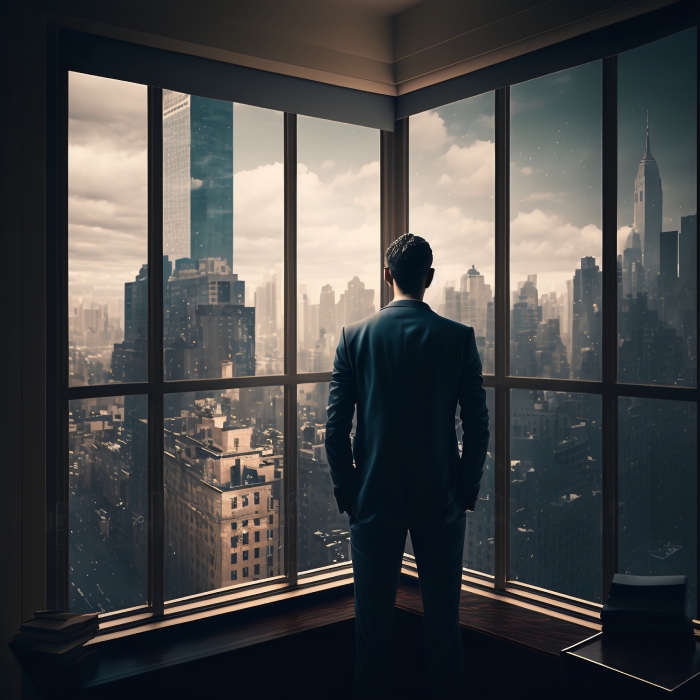 a rich business man looking out of his windows in his Manhattan corner office